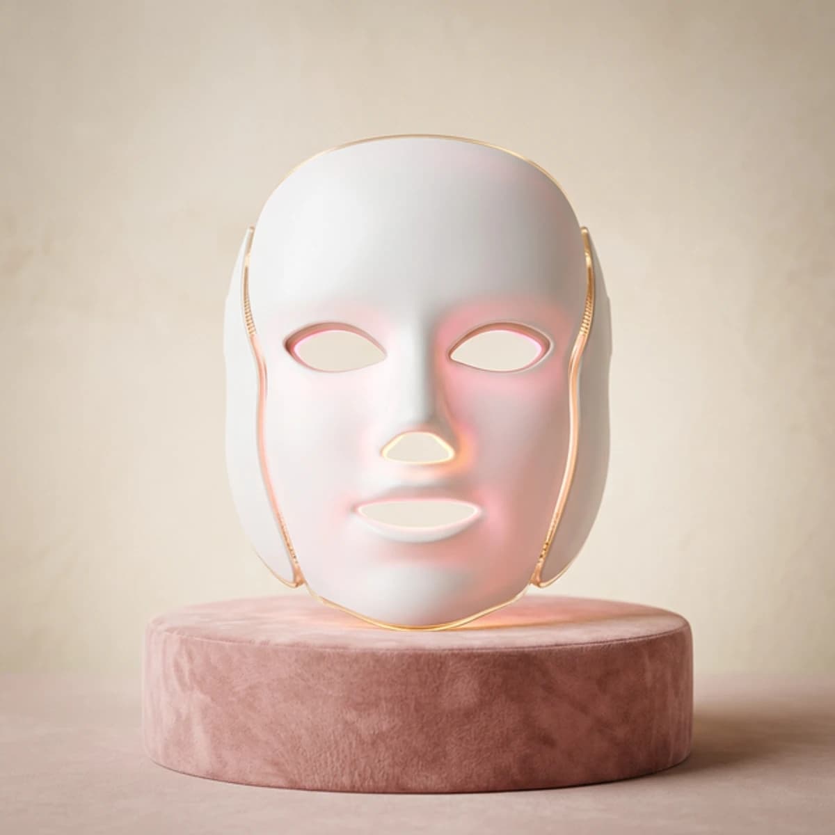 LUMIARA PRO LED mask on velvet pedestal with rose-gold accent lighting