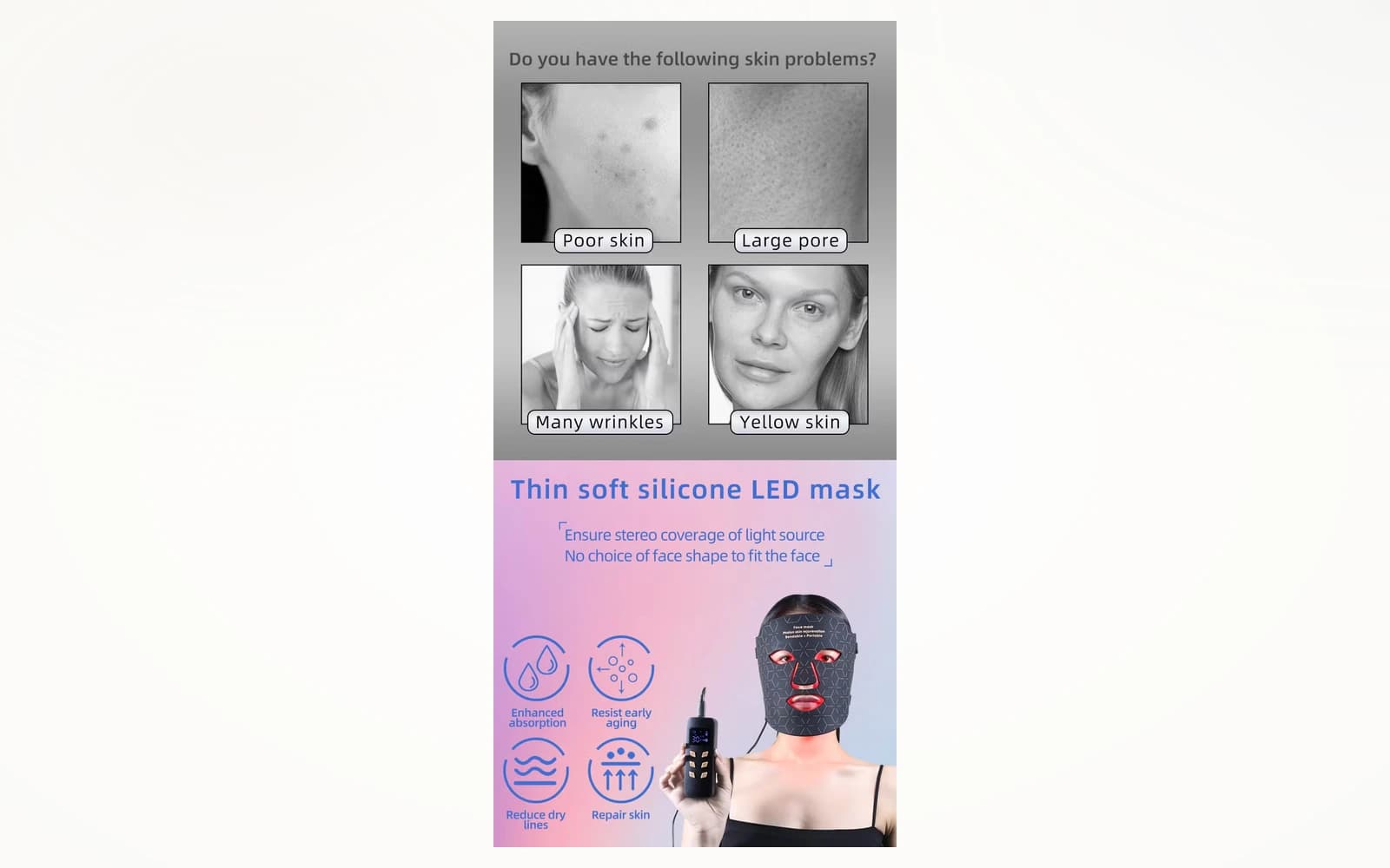 Red Light Therapy LED Face Mask — Silicone, 460nm + 590nm + 630nm, 240 LEDs detail 2